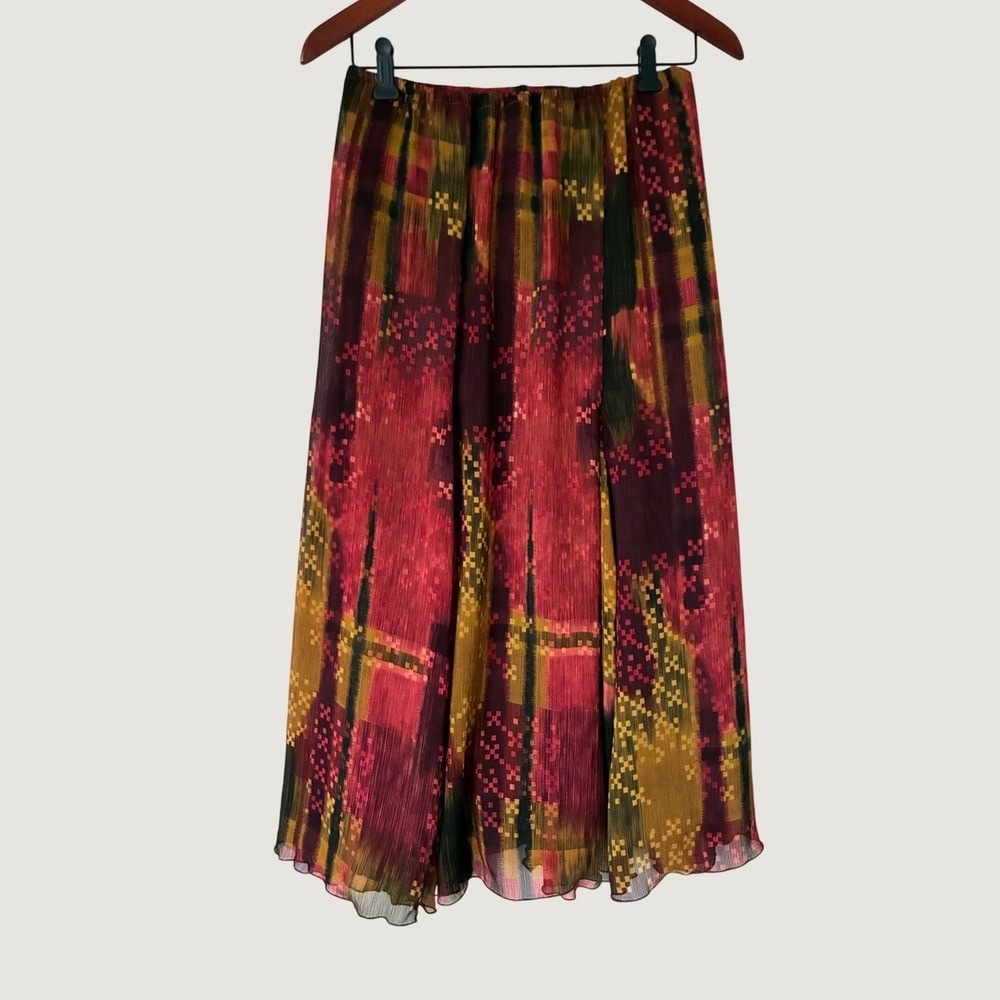 Ruby Rd Burgundy Mustard Abstract Plaid Pleated Midi Skirt Boho Festival Sz 16